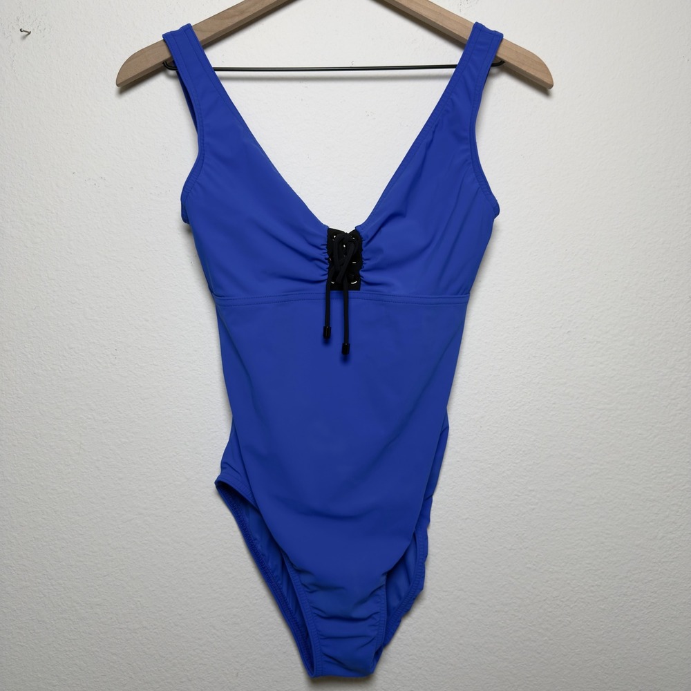 Karla Colletto Women One Piece Swimsuit 10 Blue Lace Up V-Neck Tank Luxury Beach